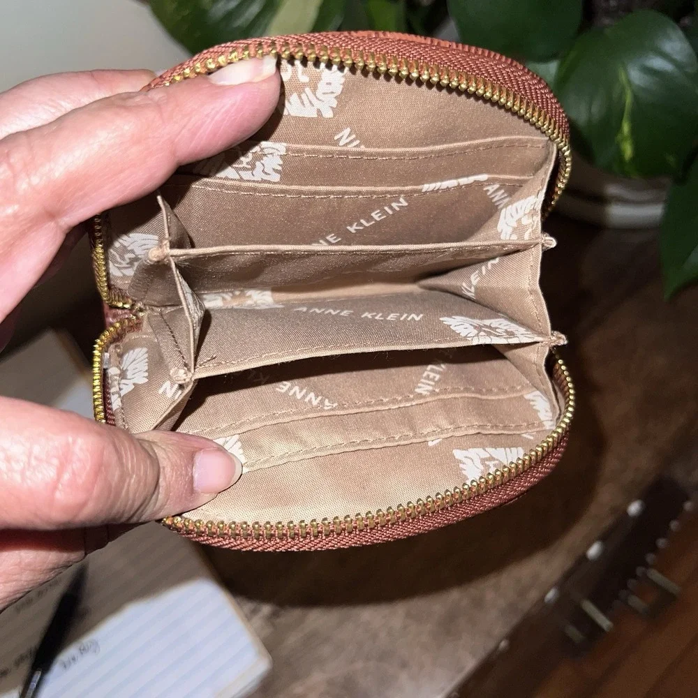 Anne Klein Brown Small Wallet W/ Gold Zipper Credit Card Coin Holder Mini Clutch